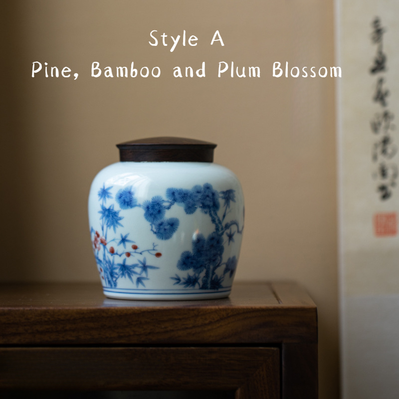 Ceramic Tea Canister 350ml, Blue-and-White Glazed Porcelain Tea Caddy