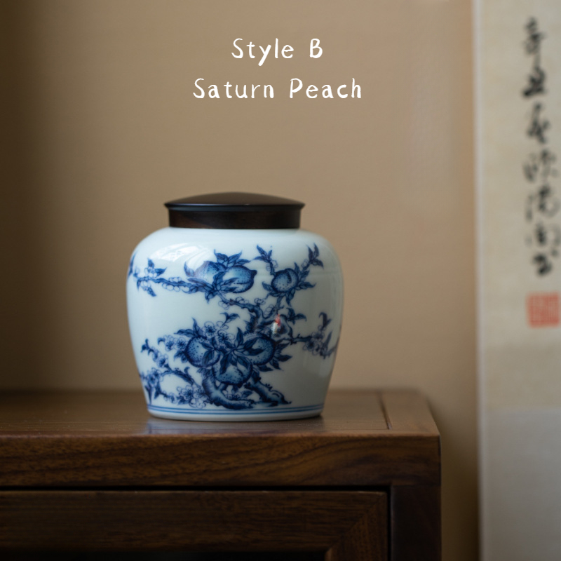 Ceramic Tea Canister 350ml, Blue-and-White Glazed Porcelain Tea Caddy