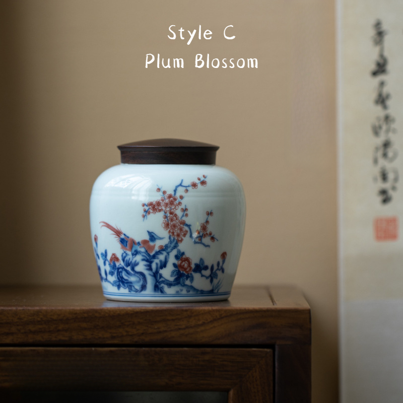 Ceramic Tea Canister 350ml, Blue-and-White Glazed Porcelain Tea Caddy