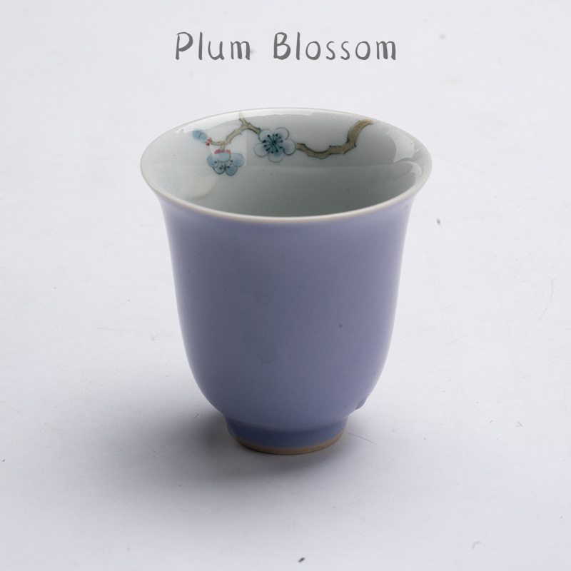 Purple Porcelain Tea Cup Set of 4 PCS, Flower and Bamboo Patterns