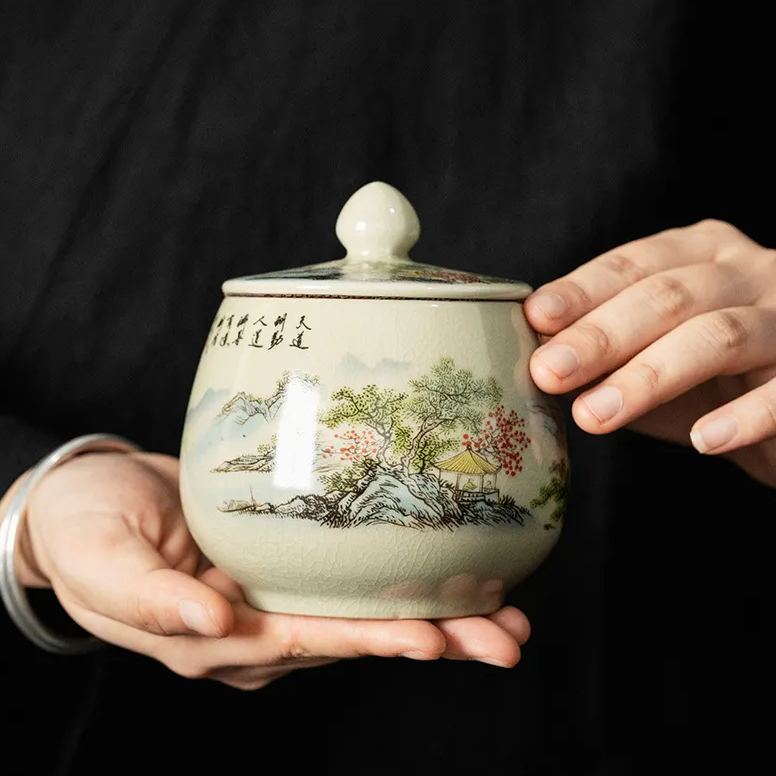 Tea Canister Landscape and Calligraphy 300ml, Blue and White Jingdezhen Pottery