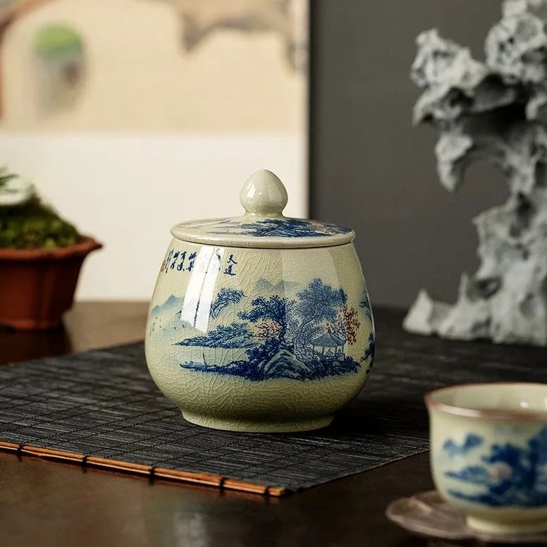 Tea Canister Landscape and Calligraphy 300ml, Blue and White Jingdezhen Pottery