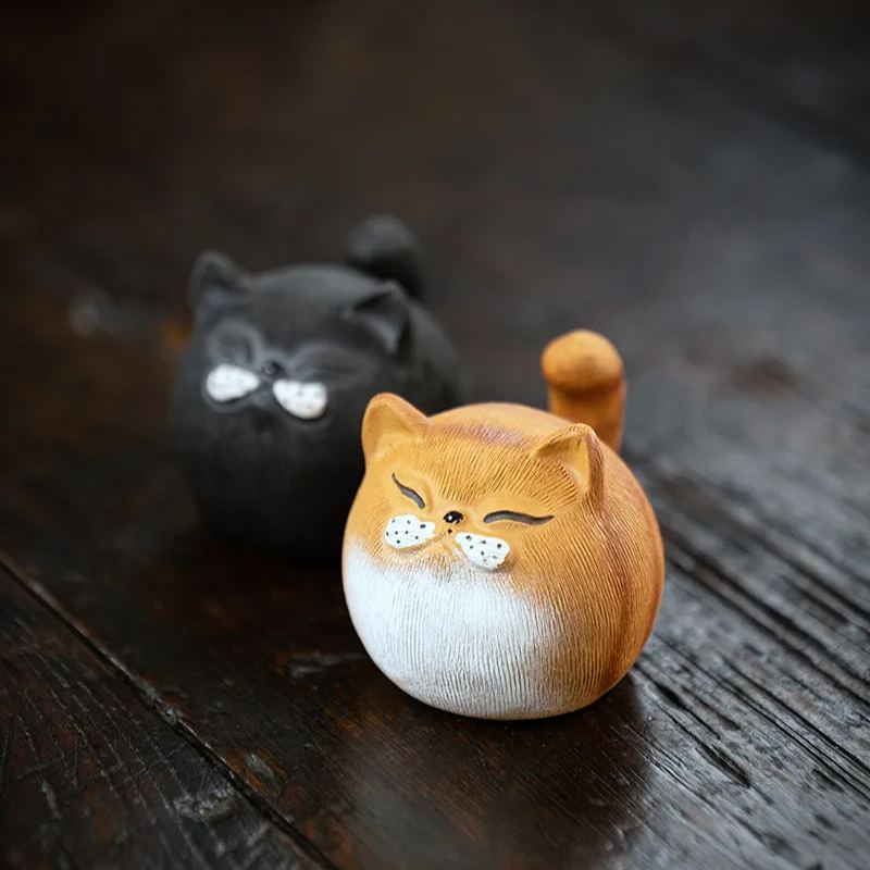 Cute Chubby Cat, Purple Clay Tea Pet, Black/Orange Kitty