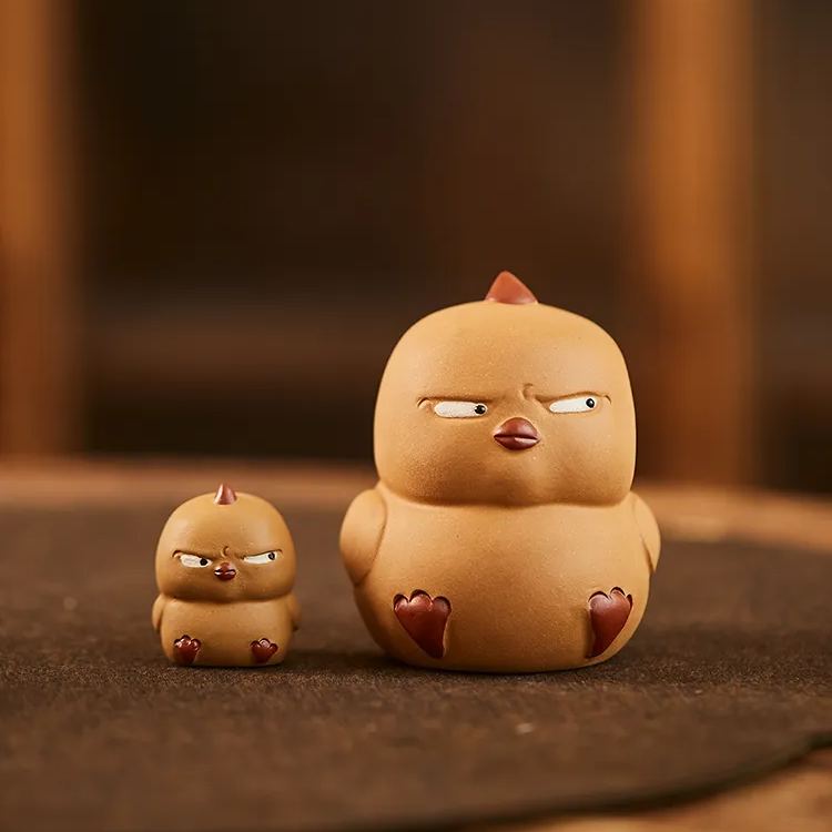 Badass TChicken Family Figurine, Chinese Tea Pet Made of Yixing Zisha