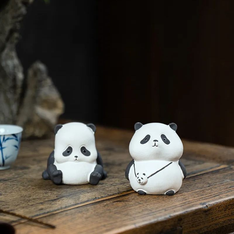 Handmade Tea Pet Set, Ceramic Panda Figurine, Made of Yixing Zisha Clay