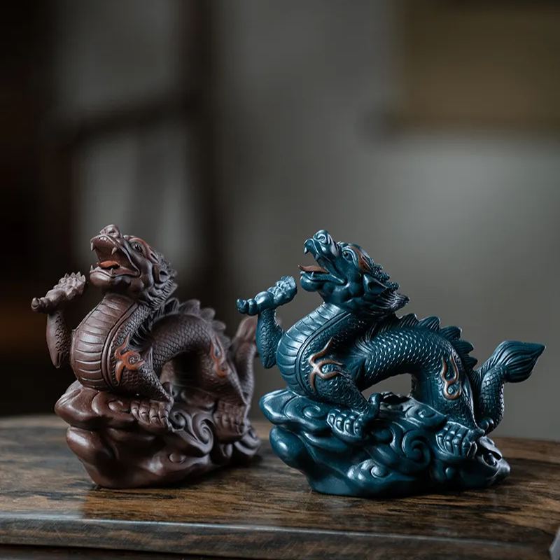 Ceramic Chinese Dragon Figurine, Made of Yixing Zisha Clay Handmade Tea Pet Set,