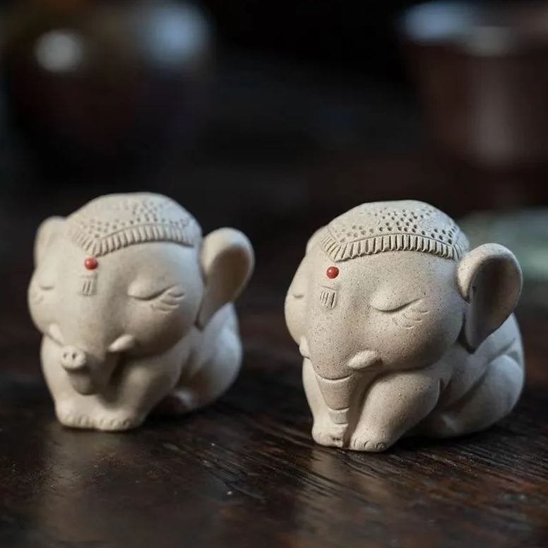 Baby White Elephant Figurine, Handmade Ceramic Tea Pet, Made of Yixing Zisha Clay