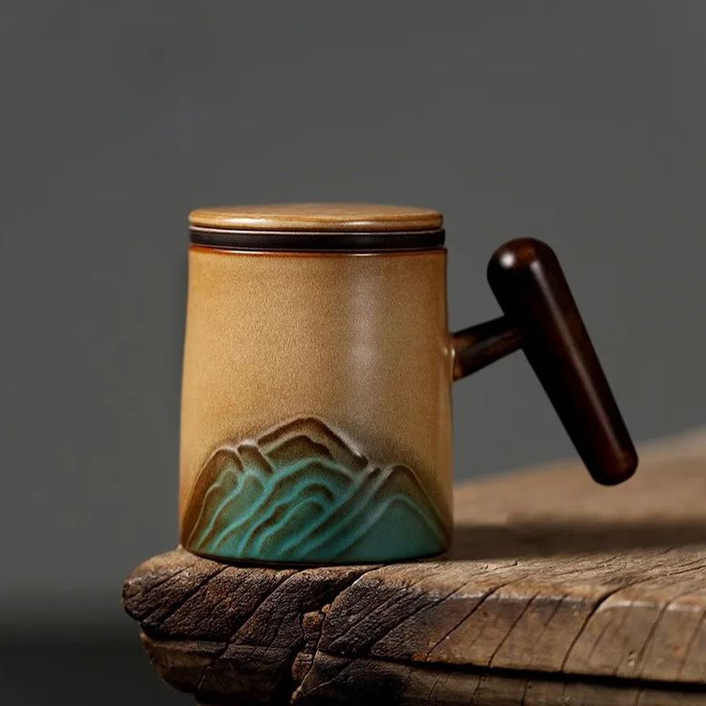 Ceramic Tea Mug with Infuser 260ml, Yellow Stoneware Mountain Pattern