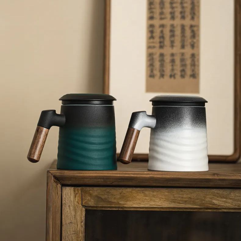 Japanese Style Tea Mug With Infuser 400ml, Bas-Relief Waves Pattern, 3 Colors Optional