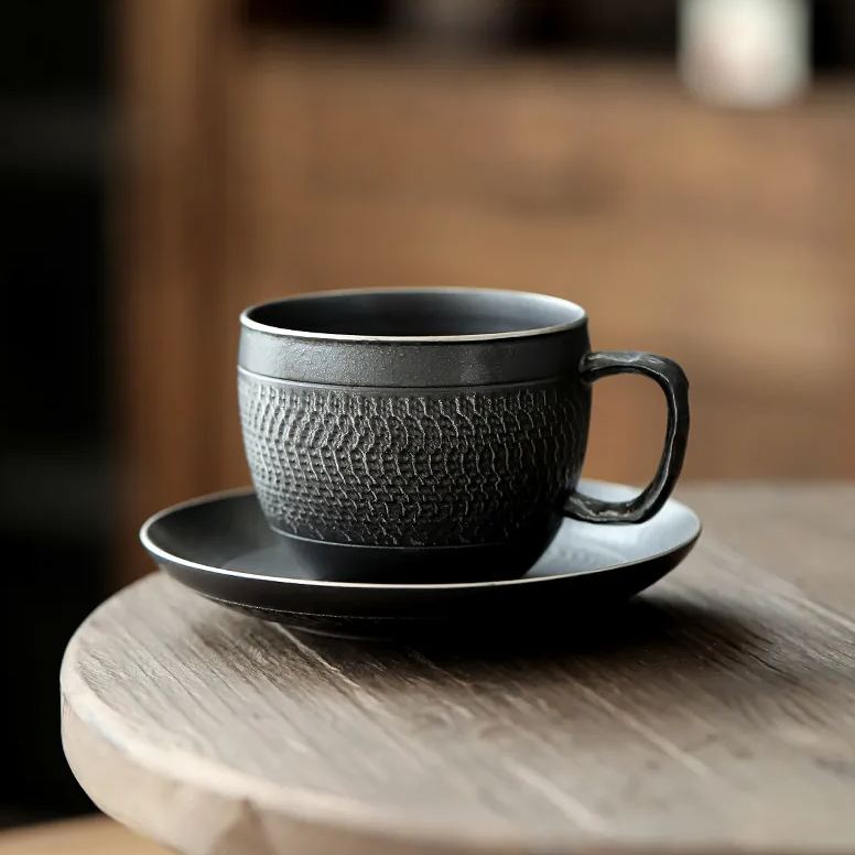 Black Iron Mug, Stoneware Coffee Mug with Saucer Set 250ml, Handmade Pottery Mug
