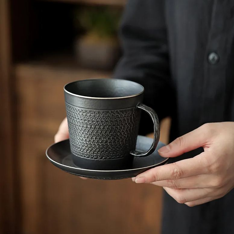 Black Iron Mug, Stoneware Coffee Mug with Saucer Set 350ml, Handmade Pottery Mug
