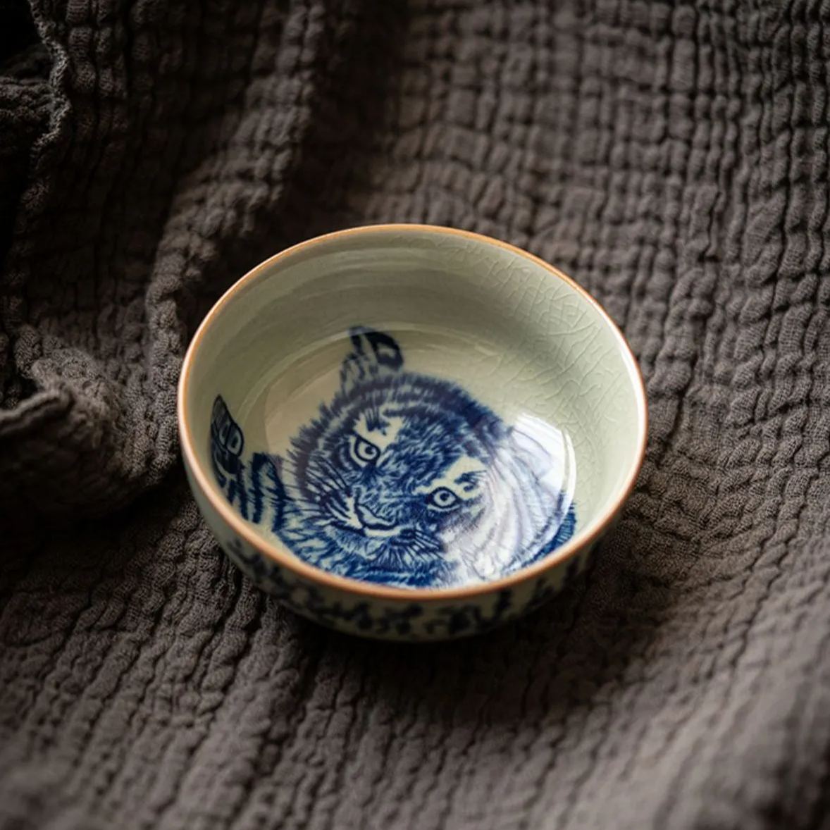 Blue and White Tea Cup with Tiger and Chinese Calligraphy Deco