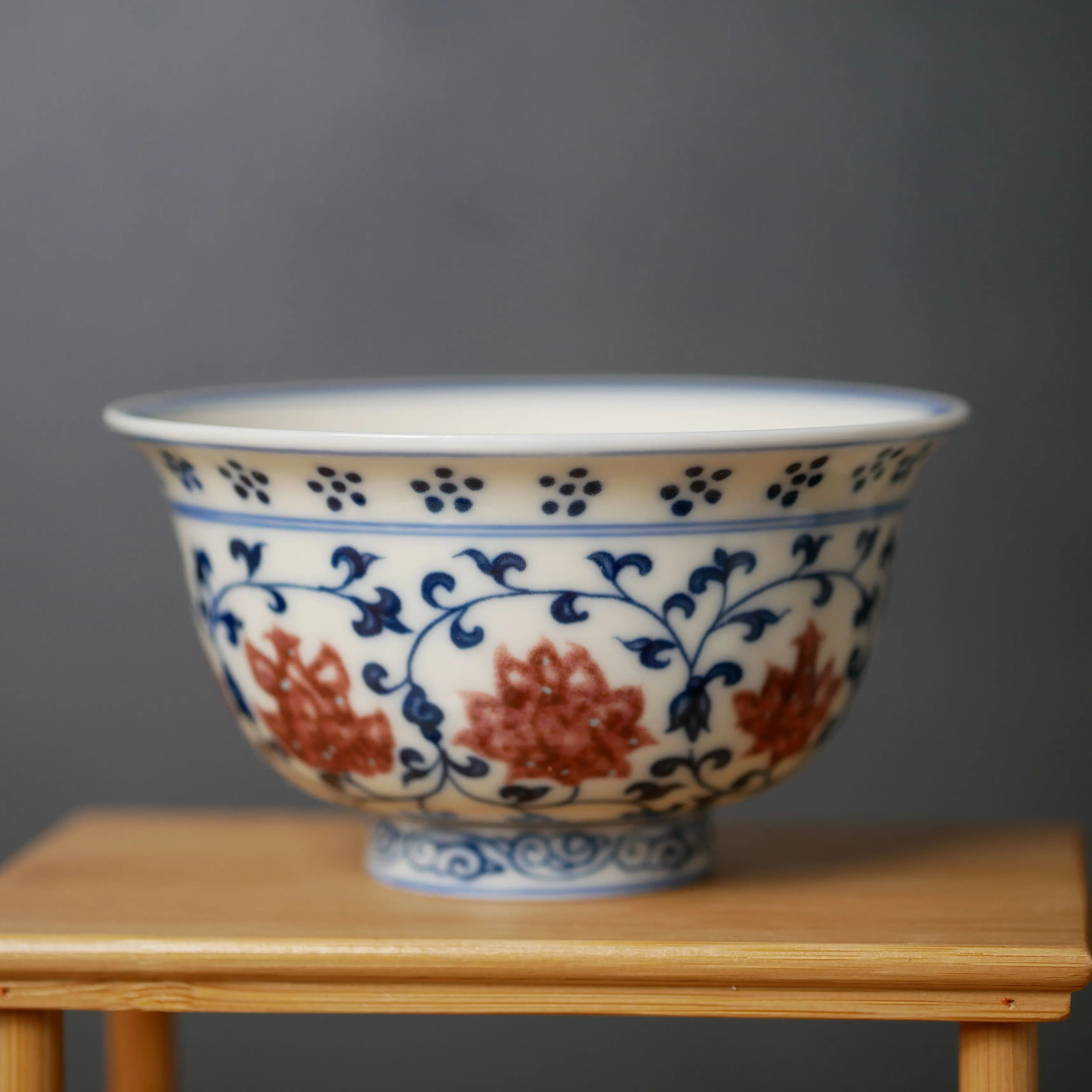 Porcelain Kungfu Tea Cup, Retro of Ming Dynasty Yongle Style, Underglaze Red and Blue, Press-Hand Cup 100ml