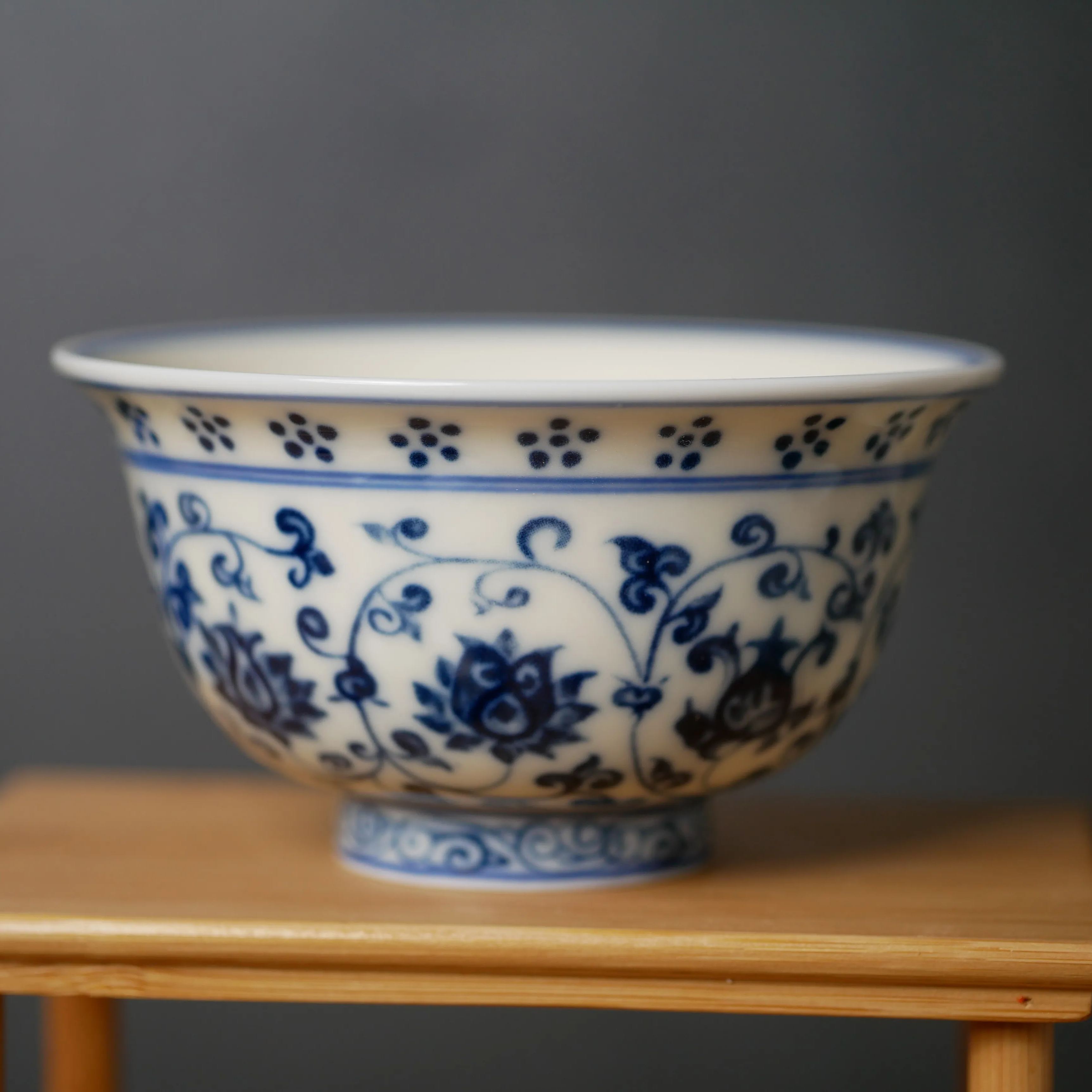 Porcelain Kungfu Tea Cup, Blue and White Retro of Ming Dynasty Yongle Style, Press-Hand Cup 100ml