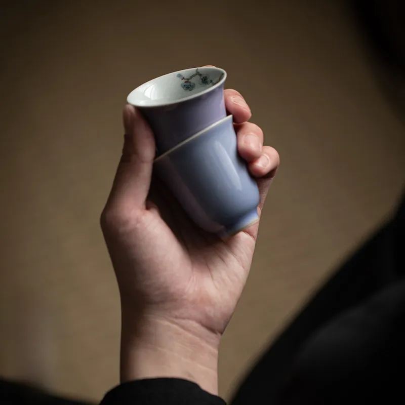 Purple Porcelain Tea Cup Set of 4 PCS, Flower and Bamboo Patterns