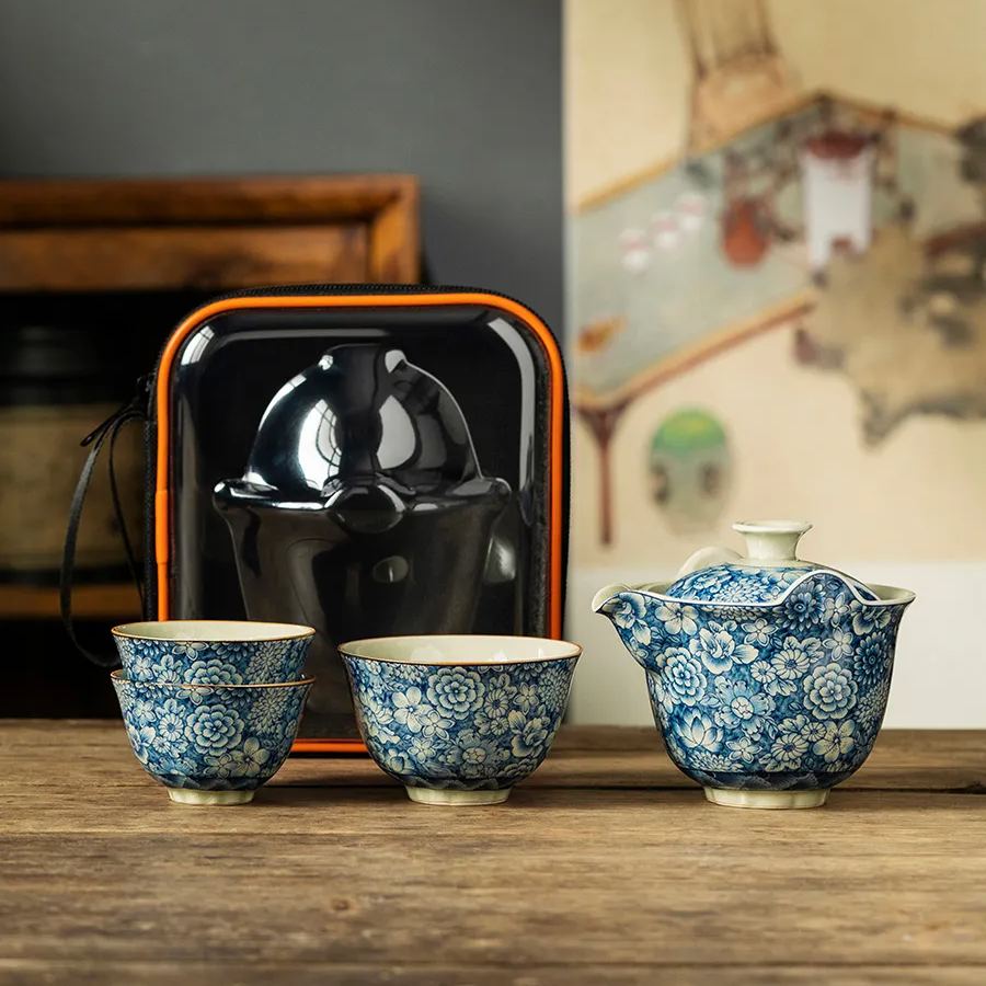 Blue and White Porcelain Teapot and Cup Travel Tea Set, 1 Teapot+3 Cups with Case