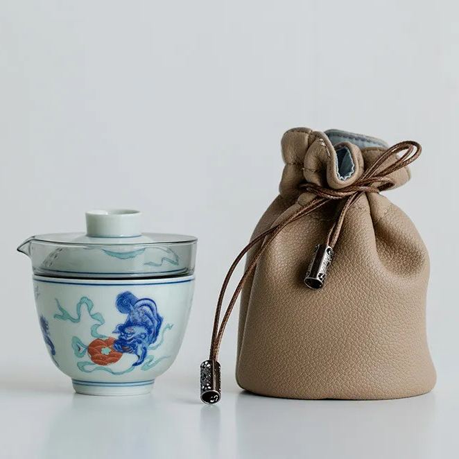 Lion/Dragon Pattern Travel Tea Set, 1 Glass Teapot+1 Ceramic Cup