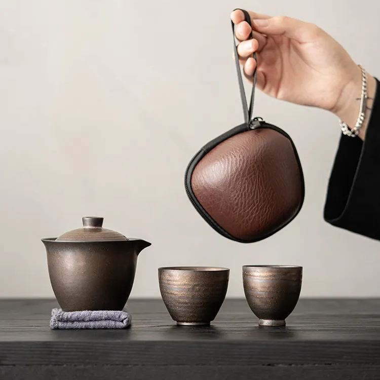 Minimalist Iron Rust Glaze Tea Set , 1 Teapot+2 Cups with Travel Case