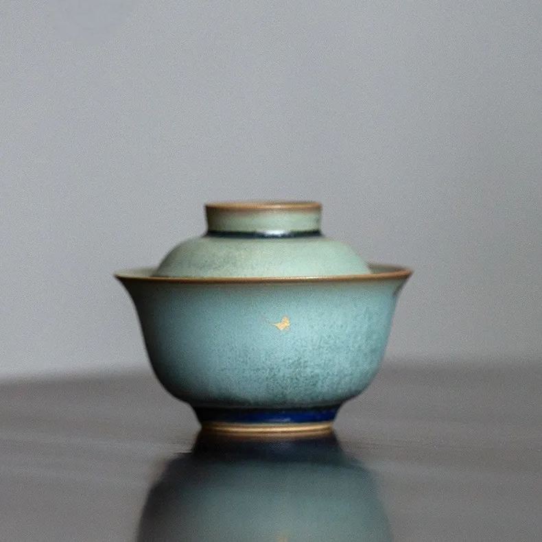 Vintage Style Stoneware Gaiwan, Handmade Fambe Blaze Tea Set 90ml