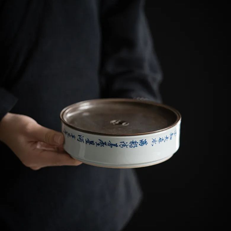 Ceramic Tea Tray with Chinese Poem Calligraphy, Kung Fu Tea Pot Holder Trivet