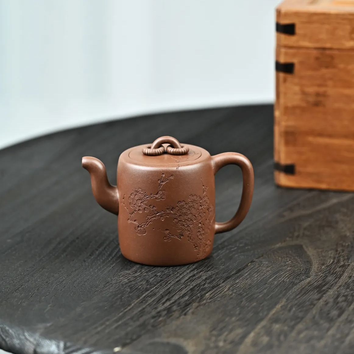 the "Dual Circle with Incised Plum and Incriptions", Yixing Purple Clay (Zisha) Teapot 200ml, Handmade Kung Fu Teapot