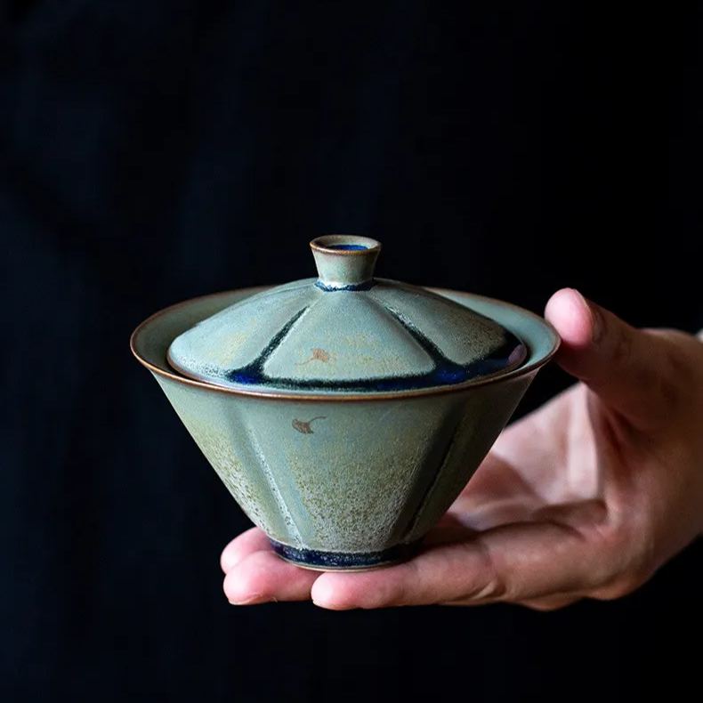 Vintage Style Stoneware Gaiwan, Handmade Fambe Blaze Tea Set 125ml
