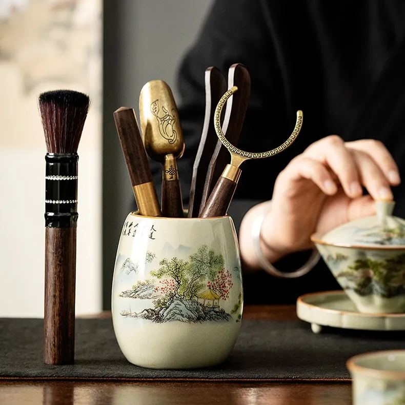 Tea Ceremony Tool Kit, Kung Fu Tea Accessories Set with Landscape Ceramic Container