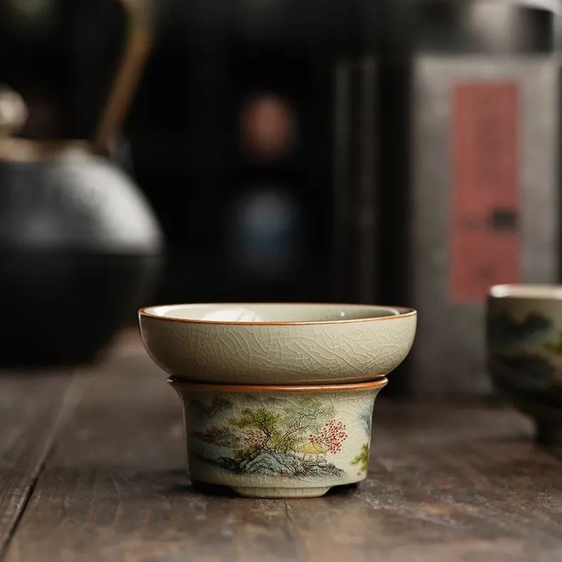 Landscape Strainer Set, Porcelain Stainer+Holder, Chinese Kungfu ea Accessory