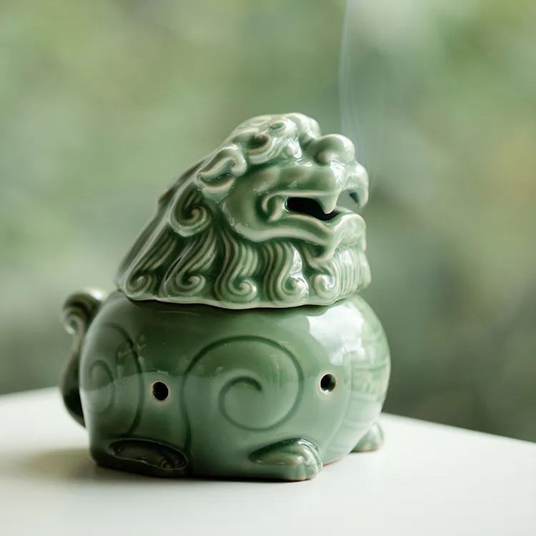 Holy Lion Incense Burner, Celadon Incense Burner Lion Figurine