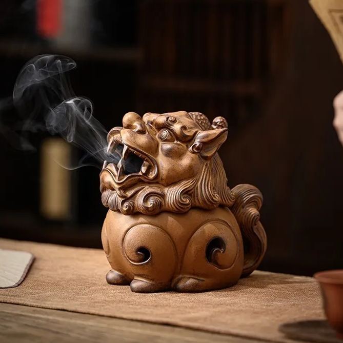 Lion Incense Burner, Handmade Ceramic Pottery Vintage Look Incense Burner Lion Figurine