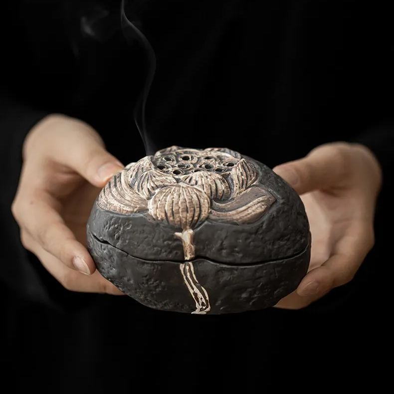 Japanese Style Stoneware Incense Burner, Vintage Look Wabi-Sabi Lotus Style