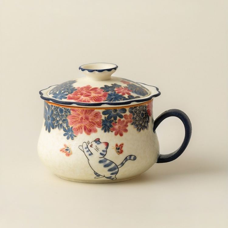 White Cat Ceramic Mug with Strainer 135ml