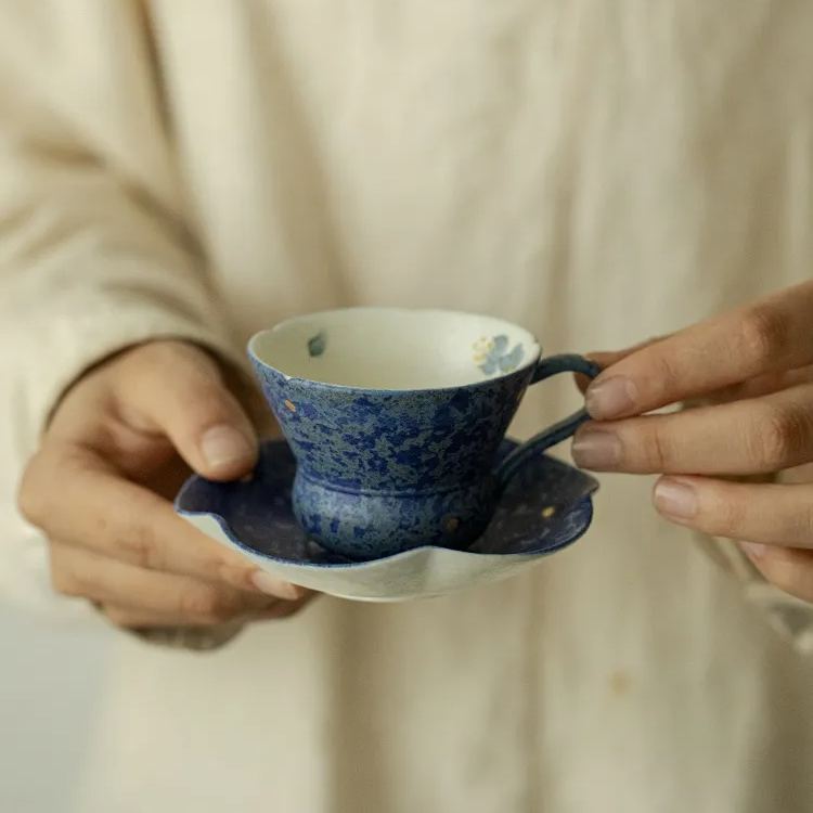 Blue Mug with Saucer 80ml, Butterfly