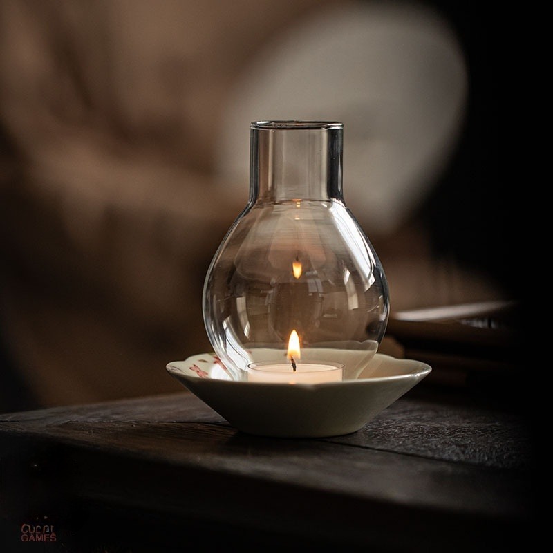 Japanese Style Tealight Candle Holder, Glass Shade+Porcelain Tray with Flower Pattern, Tea Room Decor