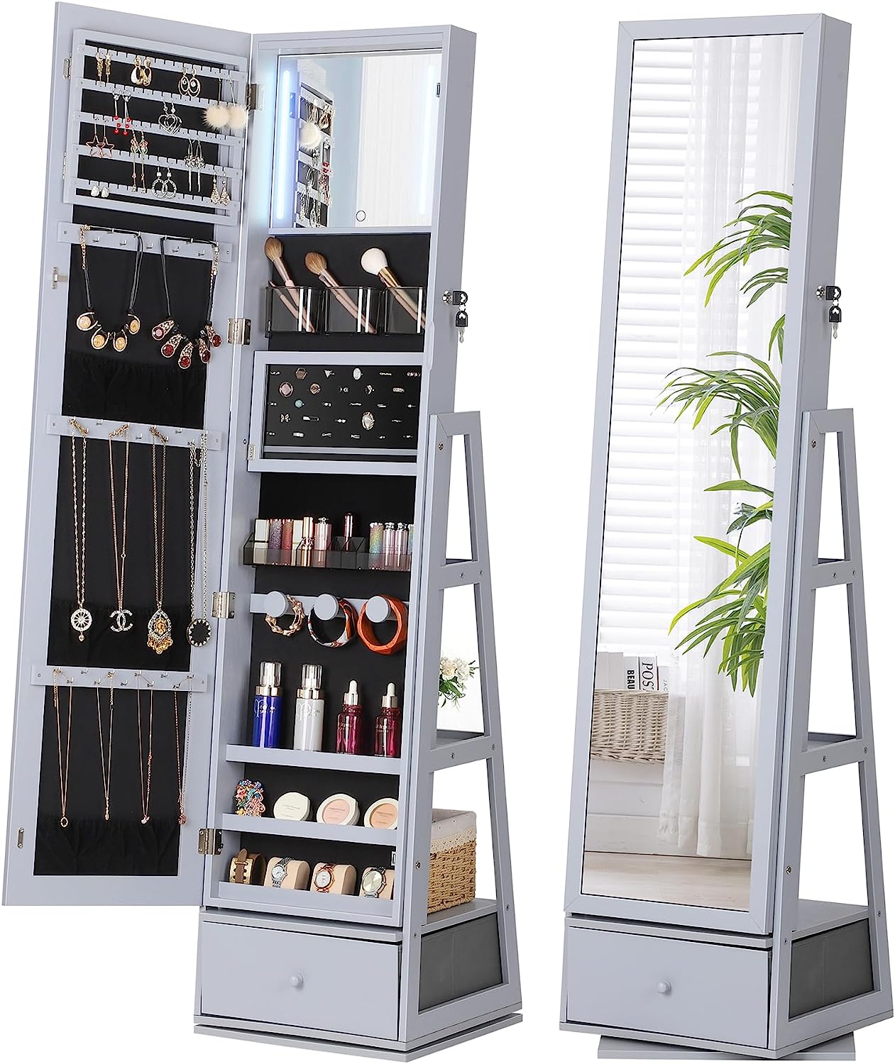 💝Last Day For Clearance💝360° Swivel Jewelry Cabinet with Lights, Touch Screen Vanity Mirror, Rotatable Full Length Mirror with Jewelry Storage, Standing Jewelry Armoire Organizer, Foldable Makeup Shelf, Rustic Brown