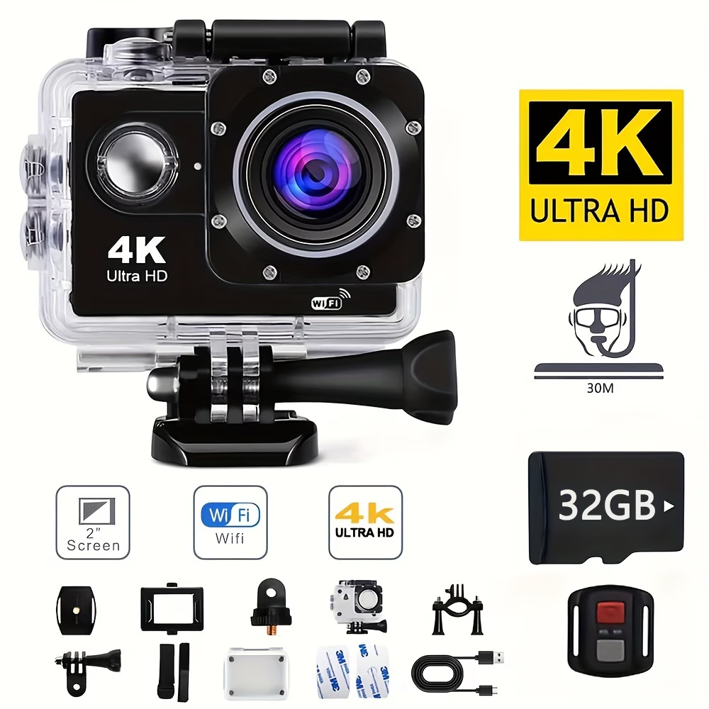 Κάμερα δράσης 4K με κάρτα μνήμης 32GB, προεγγεγραμμένη κάμερα WiFi, κάμερα δράσης με τηλεχειριστήριο 170° και κιτ στήριξης κράνους, κατάλληλη για αρχάριους για λήψη φωτογραφιών και εγγραφή βίντεο, δώρο Χριστουγέννων, διακοπών και Πρωτοχρονιάς.