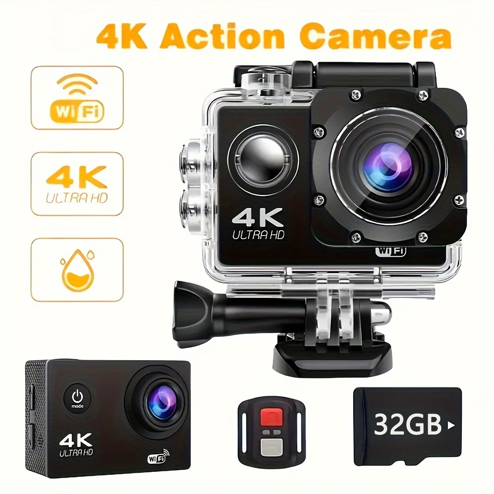 Κάμερα δράσης 4K με κάρτα μνήμης 32GB, προεγγεγραμμένη κάμερα WiFi, κάμερα δράσης με τηλεχειριστήριο 170° και κιτ στήριξης κράνους, κατάλληλη για αρχάριους για λήψη φωτογραφιών και εγγραφή βίντεο, δώρο Χριστουγέννων, διακοπών και Πρωτοχρονιάς.