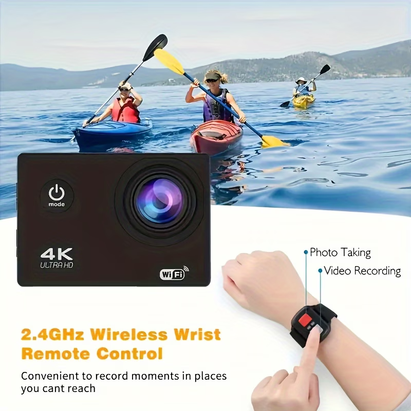 Κάμερα δράσης 4K με κάρτα μνήμης 32GB, προεγγεγραμμένη κάμερα WiFi, κάμερα δράσης με τηλεχειριστήριο 170° και κιτ στήριξης κράνους, κατάλληλη για αρχάριους για λήψη φωτογραφιών και εγγραφή βίντεο, δώρο Χριστουγέννων, διακοπών και Πρωτοχρονιάς.