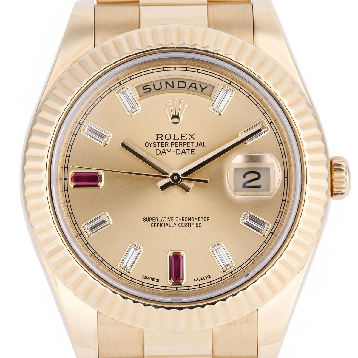 Rolex Day-Date II | REF. 218238 | Quadrante dorato con diamanti e rubini taglio baguette | Oro giallo 18K