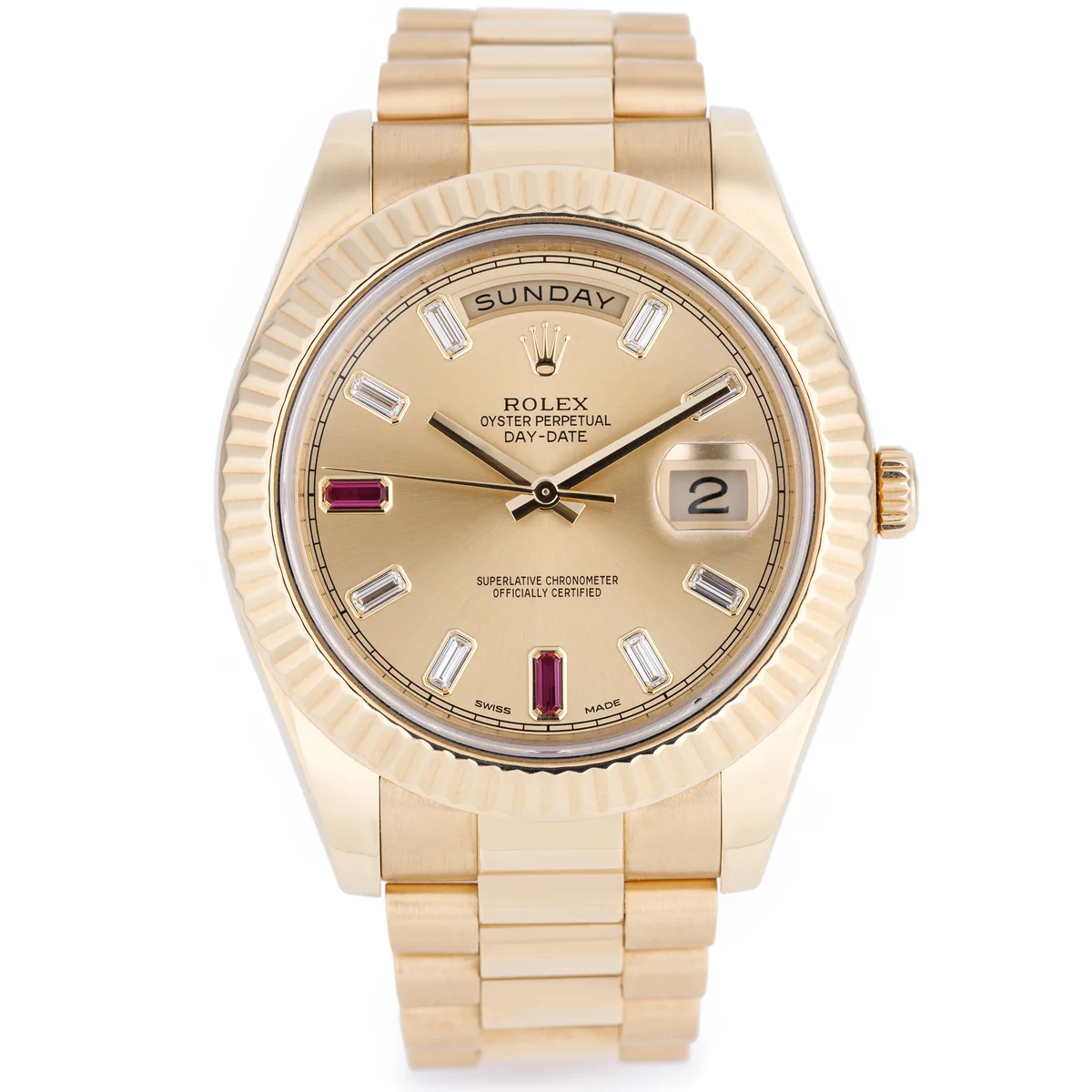Rolex Day-Date II | REF. 218238 | Quadrante dorato con diamanti e rubini taglio baguette | Oro giallo 18K