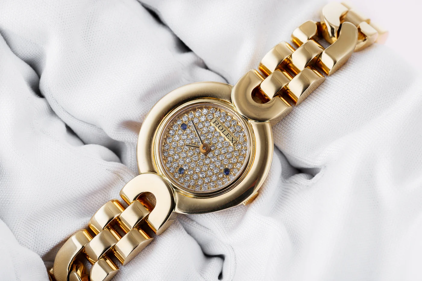 Rolex Cellini Raro | Ref. 2294 | Quadrante con pavé di diamanti e zaffiri | Oro giallo 18K | 21 mm | Scatola e documenti originali | 1987