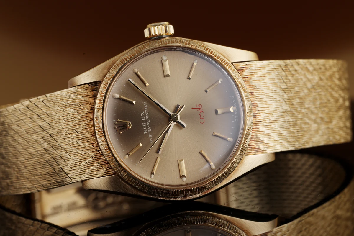 Rolex Oyster Perpetual raro – Quadrante Sultan Qaboos dell'Oman | REF. 6744 | Oro giallo 18K | 1973