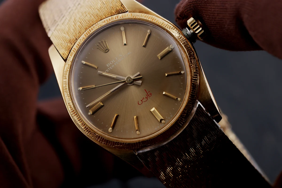 Rolex Oyster Perpetual raro – Quadrante Sultan Qaboos dell'Oman | REF. 6744 | Oro giallo 18K | 1973