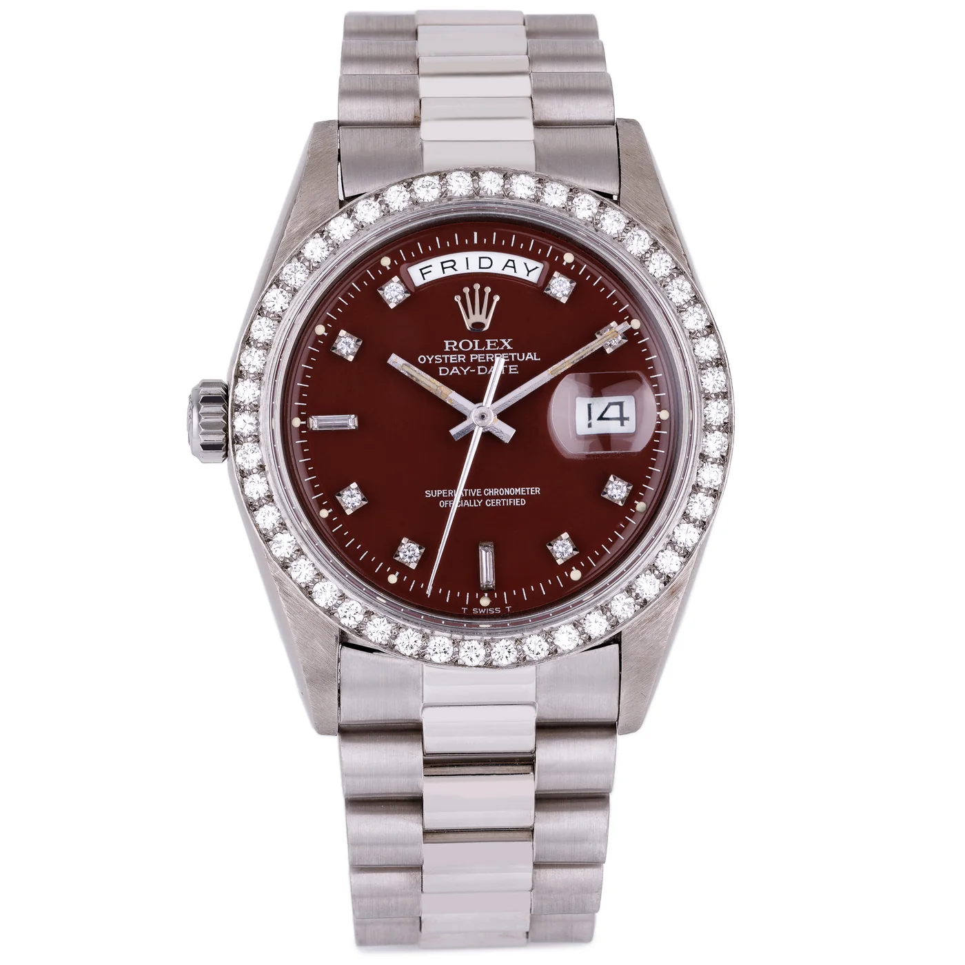 Rolex Day-Date “Left-Handed” estremamente raro | Ref. 1804 | Quadrante bordeaux “Stella” | Indici e lunetta con diamanti | Oro bianco 18 carati | 1978
