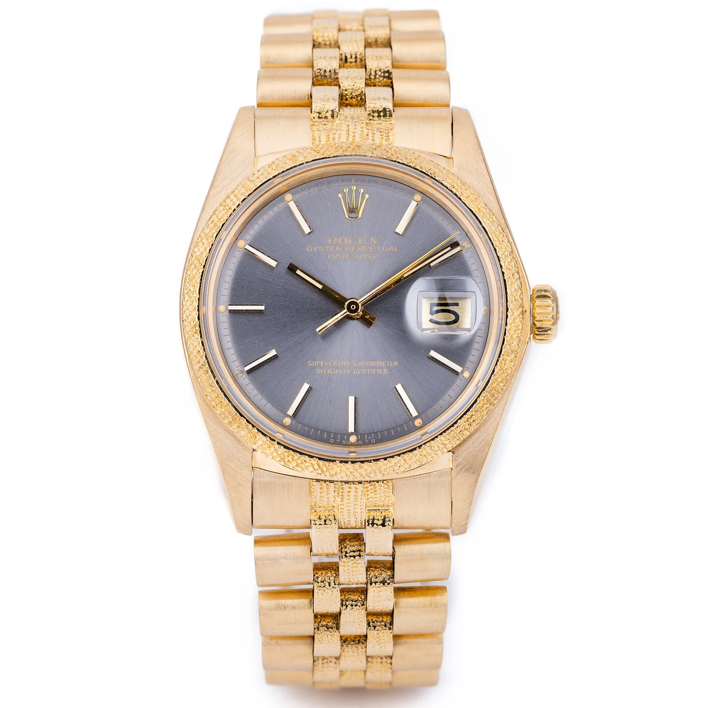 Rolex Datejust 36 | REF. 1600 | Quadrante grigio | Oro giallo 18K | 1977 | Lunetta e bracciale con finitura testurizzata