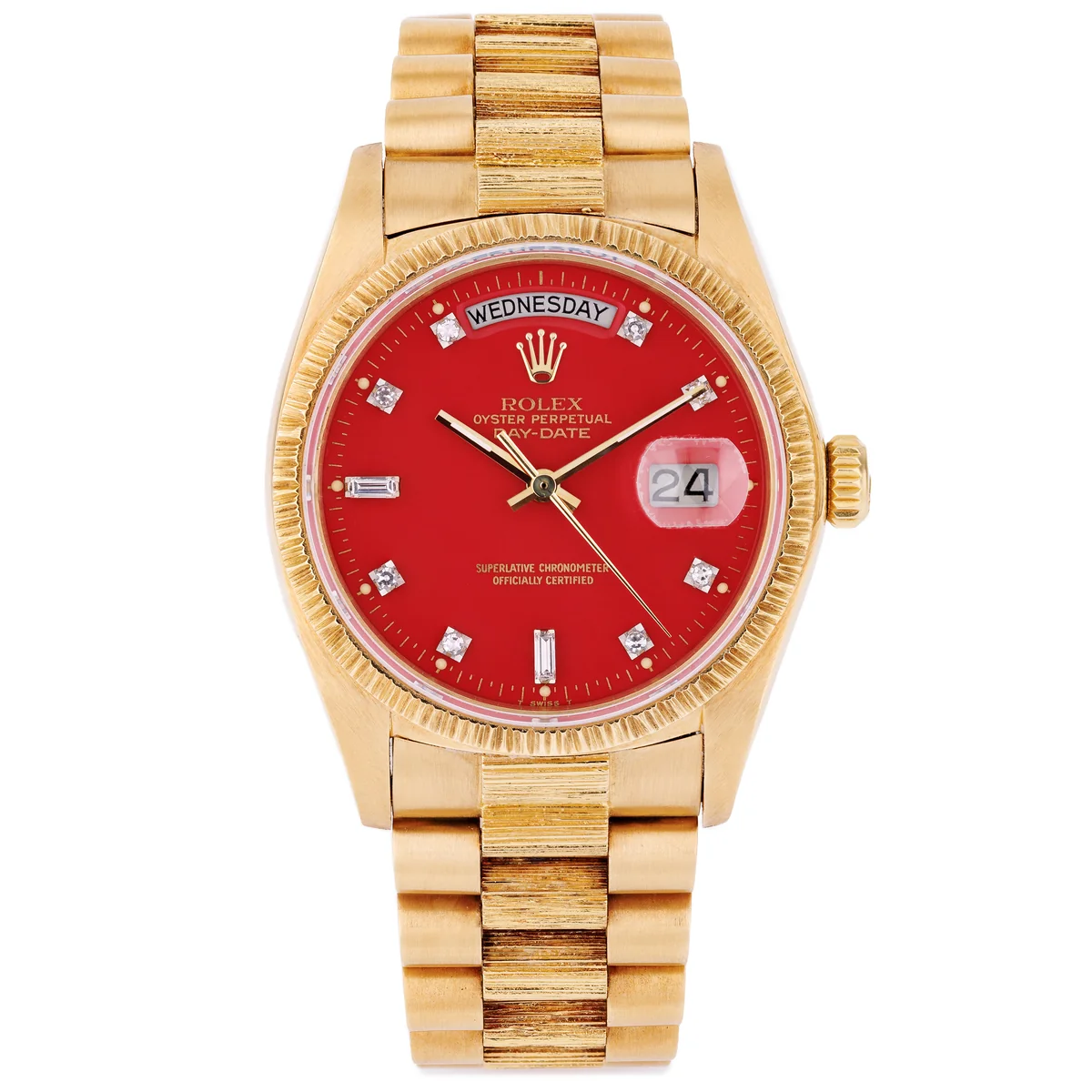 Rolex Day-Date | Ref. 18078 | Quadrante “Stella” rosso ciliegia con diamanti | Finitura bark | Oro giallo 18 carati | 1979