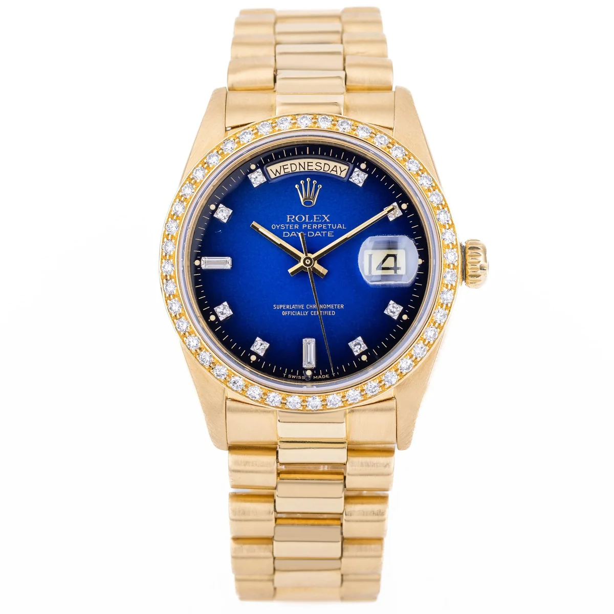 Rolex Day-Date | REF. 18048 | Quadrante blu ombré con diamanti e lunetta con diamanti | 1979 | Oro giallo 18K