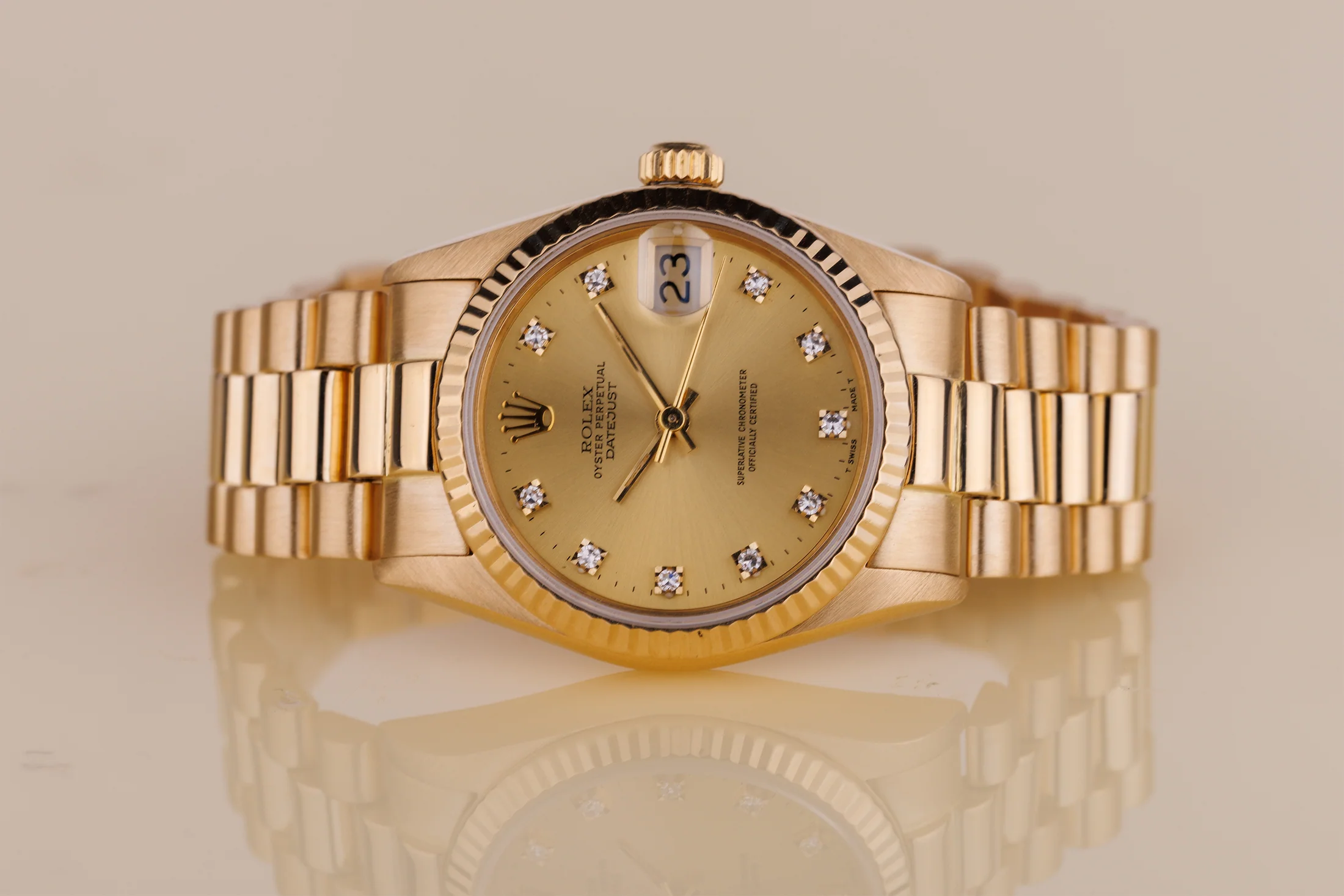 Rolex Datejust 31 | Ref. 68278 | Quadrante champagne con diamanti | Oro giallo 18 carati | 1988