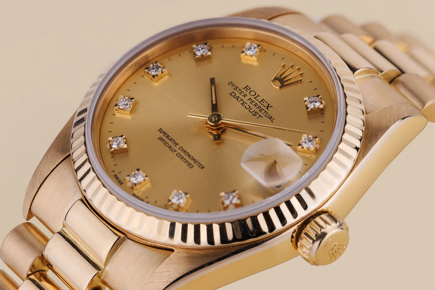 Rolex Datejust 31 | Ref. 68278 | Quadrante champagne con diamanti | Oro giallo 18 carati | 1988