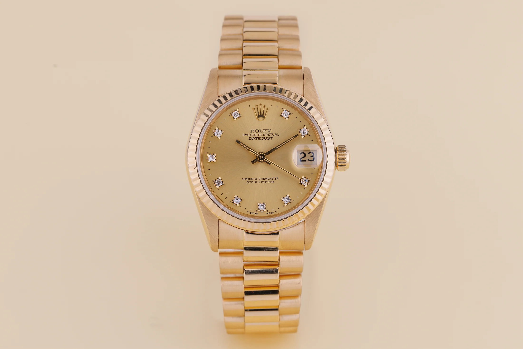 Rolex Datejust 31 | Ref. 68278 | Quadrante champagne con diamanti | Oro giallo 18 carati | 1988